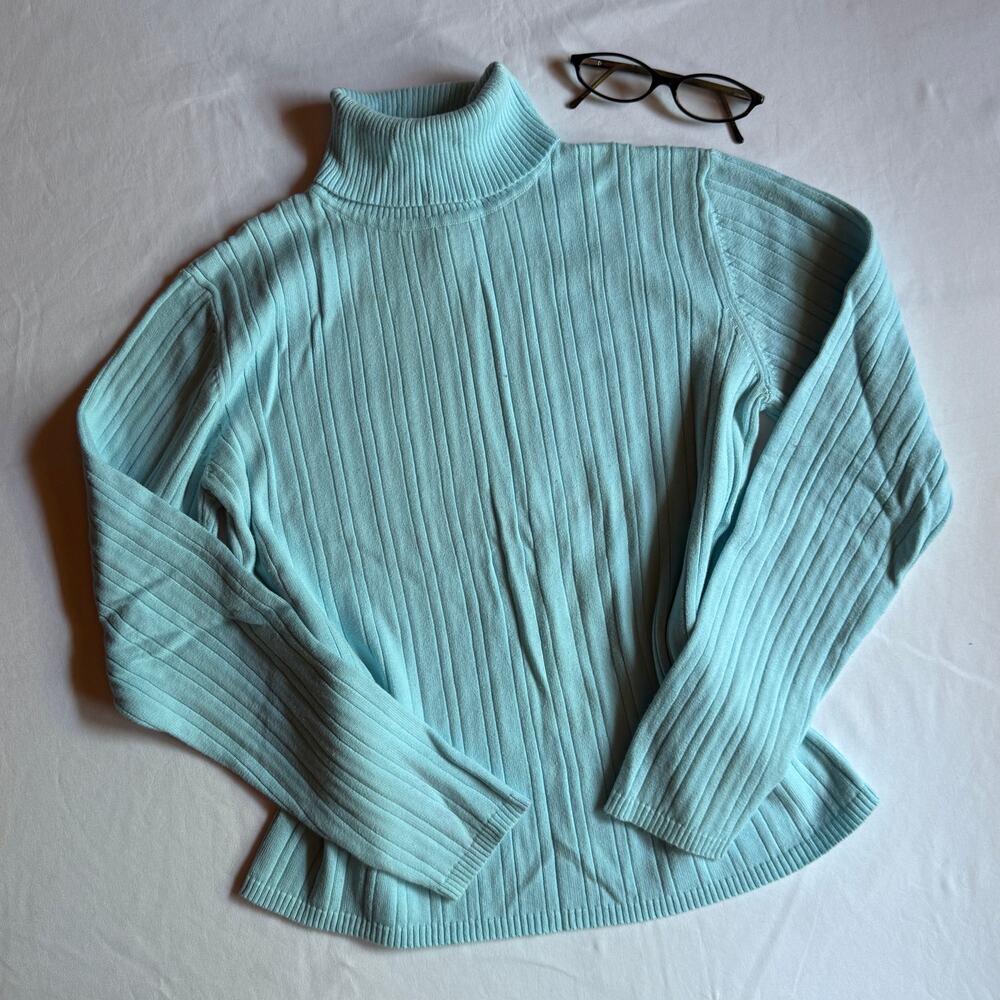 Talbots Baby Blue Ribbed Cotton Turtleneck Fitted Top Sz Medium Y2K Preppy
